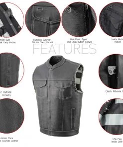 Motorcycle Vests Milwaukee Leather MLM3507 Men’s ‘Old Glory’ Black Leather With Grey Stitching Vest And Laced Arm Holes