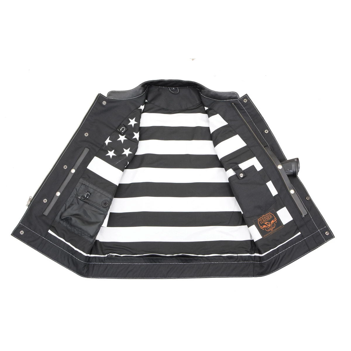 Motorcycle Vests Milwaukee Leather MLM3509 Men’s ‘Old Glory’ Black Leather Vest With White Stitching And Laced Arm Holes