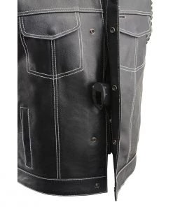 Motorcycle Vests Milwaukee Leather MLM3509 Men’s ‘Old Glory’ Black Leather Vest With White Stitching And Laced Arm Holes