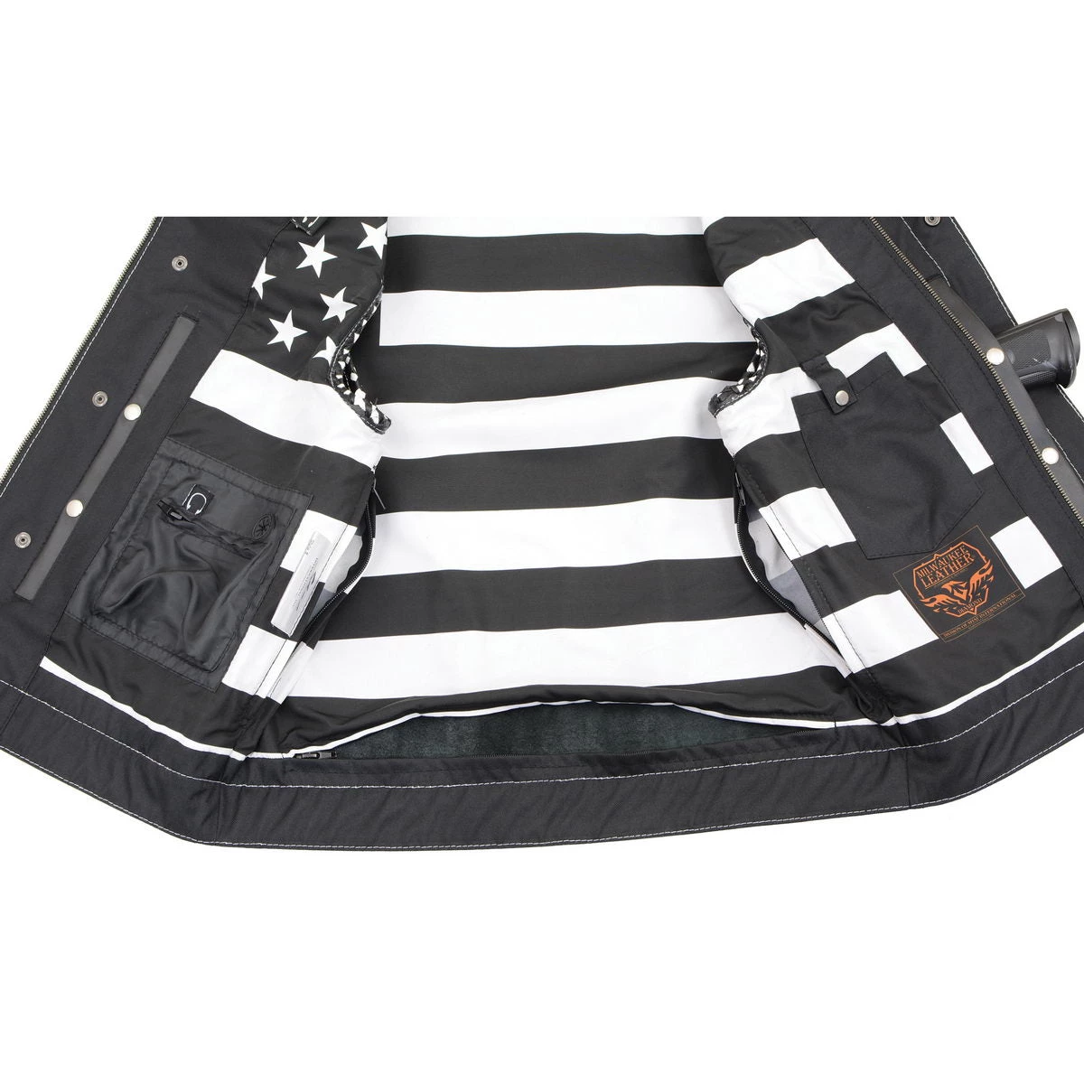 Motorcycle Vests Milwaukee Leather MLM3509 Men’s ‘Old Glory’ Black Leather Vest With White Stitching And Laced Arm Holes