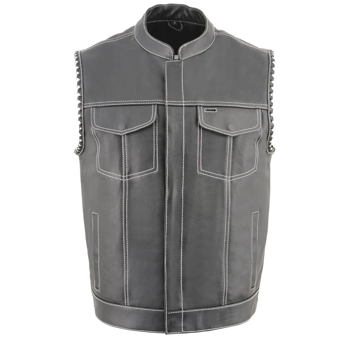 Motorcycle Vests Milwaukee Leather MLM3509 Men’s ‘Old Glory’ Black Leather Vest With White Stitching And Laced Arm Holes