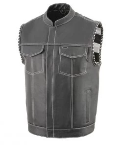 Motorcycle Vests Milwaukee Leather MLM3509 Men’s ‘Old Glory’ Black Leather Vest With White Stitching And Laced Arm Holes