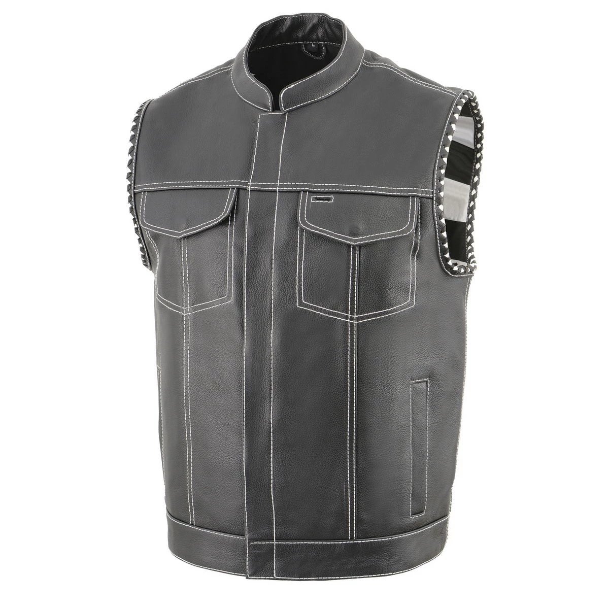 Motorcycle Vests Milwaukee Leather MLM3509 Men’s ‘Old Glory’ Black Leather Vest With White Stitching And Laced Arm Holes