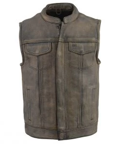 Motorcycle Vests Milwaukee Leather MLM3510 Men's Distressed Brown ‘Dual Closure’ Open Neck Club Leather Vest