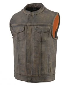 Motorcycle Vests Milwaukee Leather MLM3510 Men's Distressed Brown ‘Dual Closure’ Open Neck Club Leather Vest