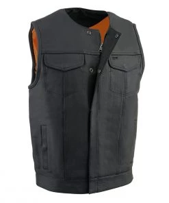 Motorcycle Vests Milwaukee Leather MLM3511 Men's Black Collarless Snap And Zipper Club Leather Vest