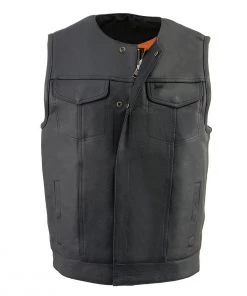 Motorcycle Vests Milwaukee Leather MLM3511 Men's Black Collarless Snap And Zipper Club Leather Vest