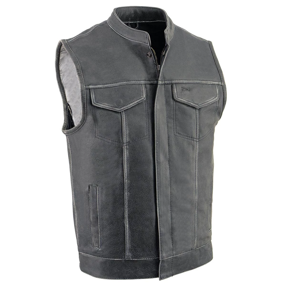 Motorcycle Vests Milwaukee Leather MLM3513 Men's Distressed Grey Open Neck Snap/Zip Club Style Leather Vest
