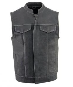 Motorcycle Vests Milwaukee Leather MLM3513 Men's Distressed Grey Open Neck Snap/Zip Club Style Leather Vest