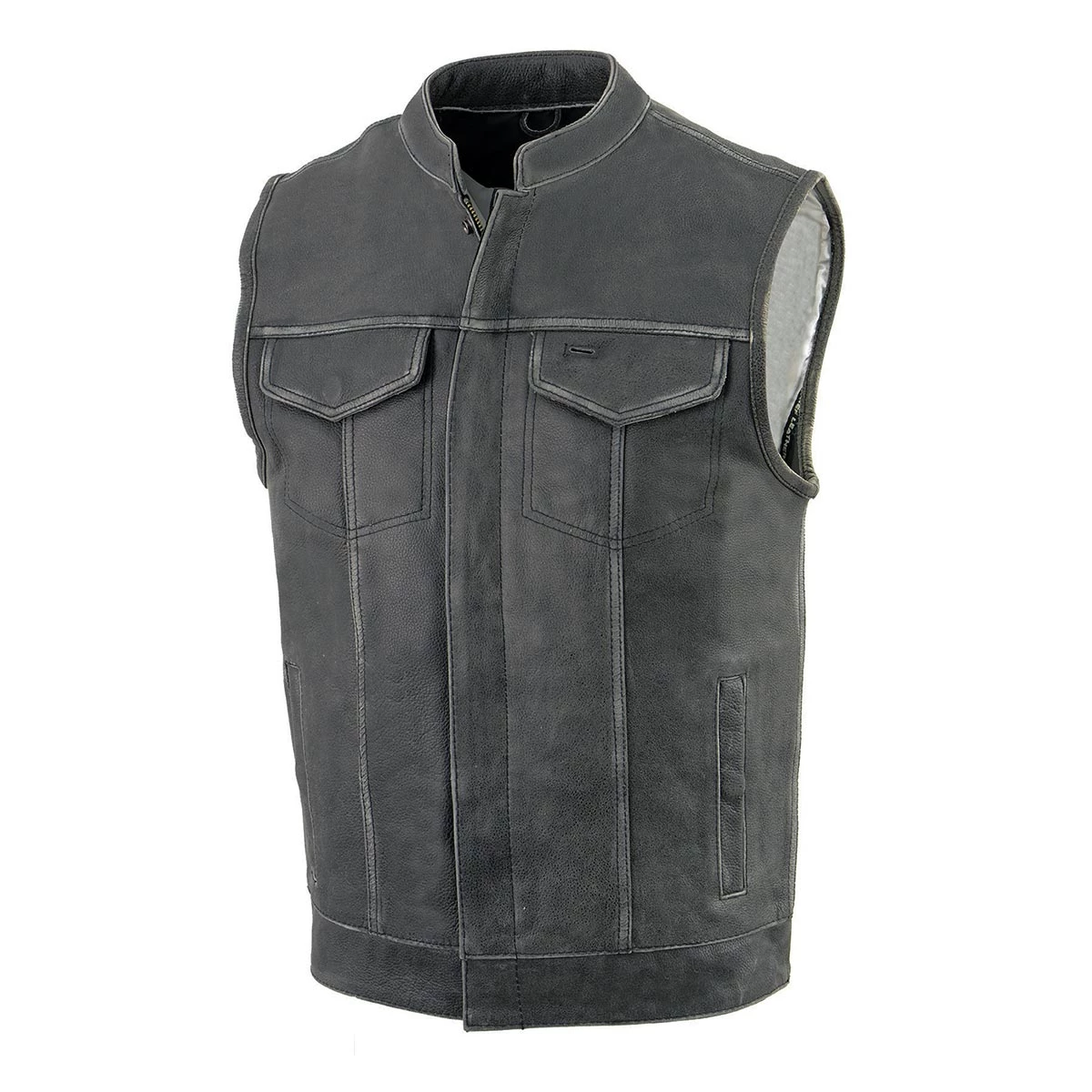 Motorcycle Vests Milwaukee Leather MLM3513 Men's Distressed Grey Open Neck Snap/Zip Club Style Leather Vest