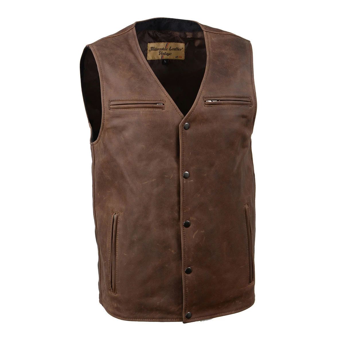 Milwaukee Leather MLM3518 Men's Vintage Crazy Horse Brown Leather Snap Front Vest Motorcycle Vests