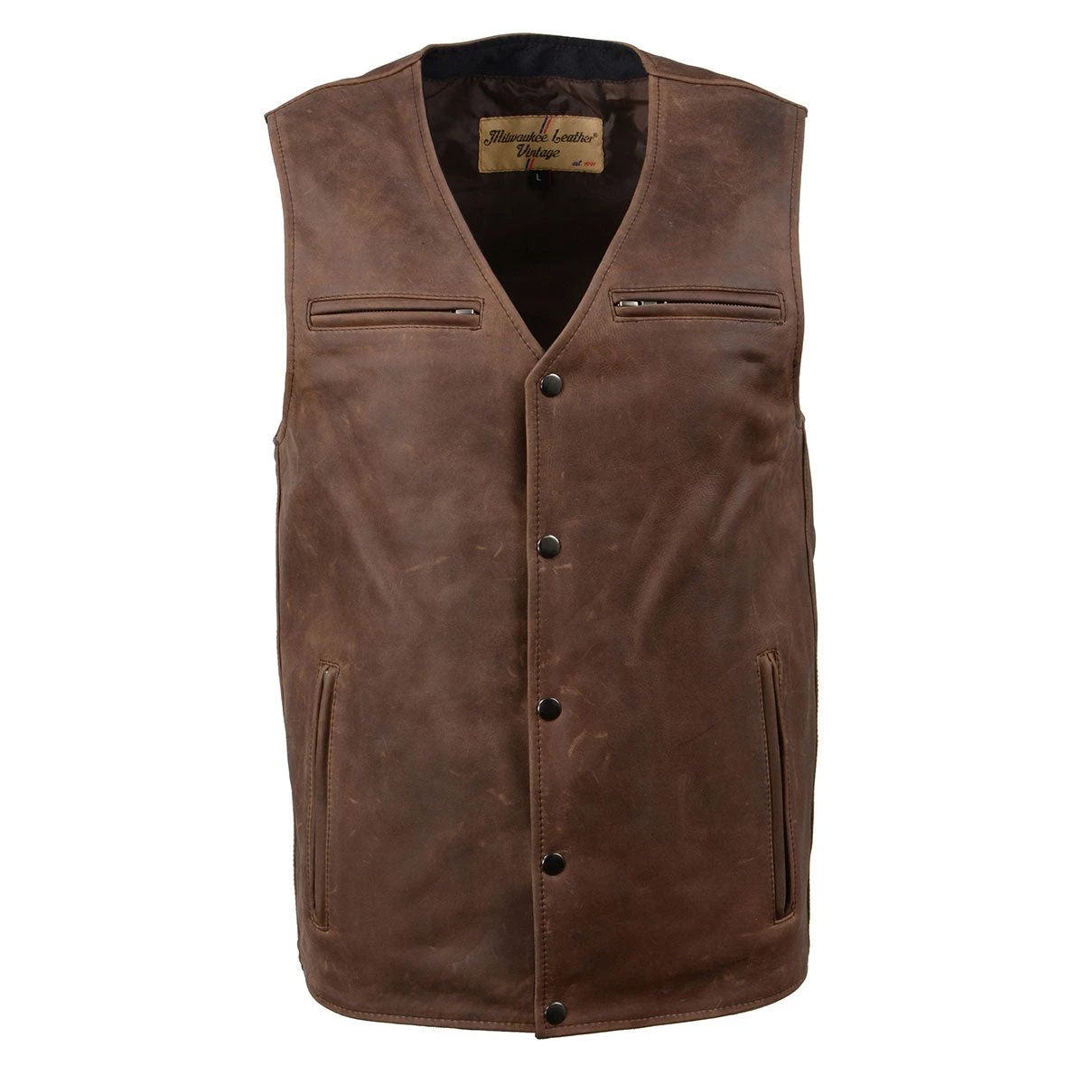 Milwaukee Leather MLM3518 Men's Vintage Crazy Horse Brown Leather Snap Front Vest Motorcycle Vests