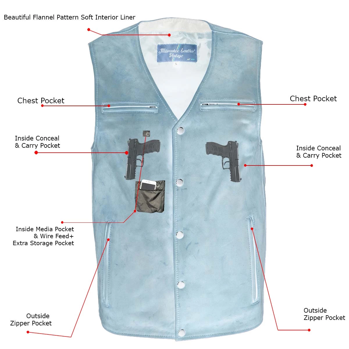 Milwaukee Leather MLM3518 Men's Vintage Crazy Horse Brown Leather Snap Front Vest Motorcycle Vests