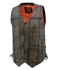 Motorcycle Vests Milwaukee Leather MLM3540 Men's ‘10 Pocket’ Distressed Brown MC Leather Vest