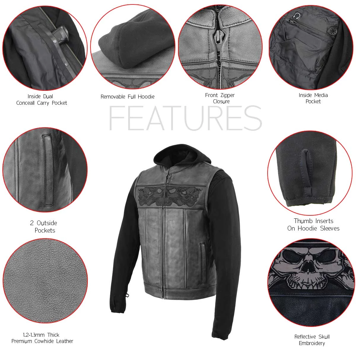 Milwaukee Leather MLM3563 Men's '2 In 1' Black Leather Vest With Reflective Skulls Leather Motorcycle Jackets