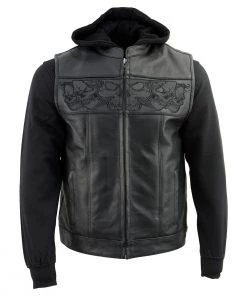 Milwaukee Leather MLM3563 Men's'2 In 1' Black Leather Vest With Reflective Skulls Leather Motorcycle Jackets