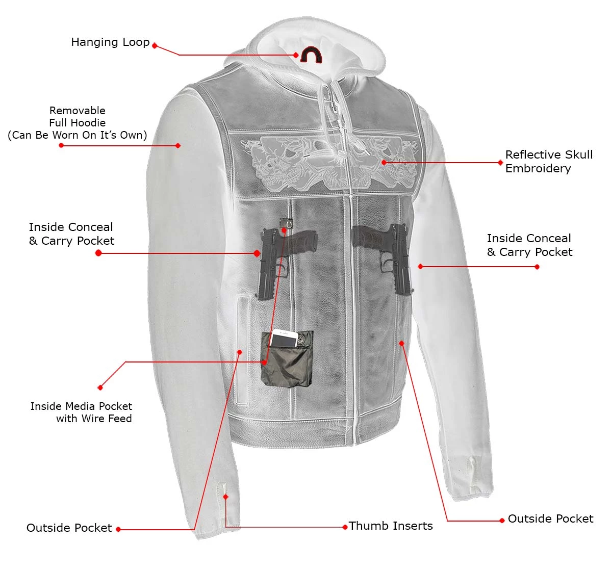 Milwaukee Leather MLM3563 Men's '2 In 1' Black Leather Vest With Reflective Skulls Leather Motorcycle Jackets