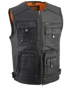 Milwaukee Leather MLM3580 Men's Black Leather Zipper Front Super Utility Multi Pocket Vest