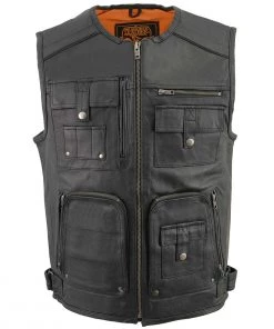 Milwaukee Leather MLM3580 Men's Black Leather Zipper Front Super Utility Multi Pocket Vest
