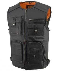 Milwaukee Leather MLM3580 Men's Black Leather Zipper Front Super Utility Multi Pocket Vest