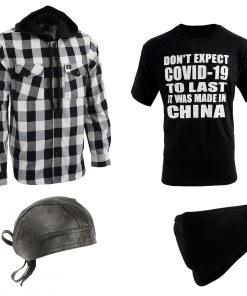 Riding Gear Men’s Box-2 Bundle Pack With NexGen Flannel Hoodie, Biker Clothing T-Shirt, Milwaukee Leather Skull Cap And Milwaukee Leather Face Mask