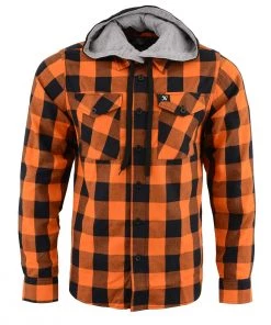 Motorcycle Hoodies NexGen MNG11642 Men's Orange And Black Long Sleeve Cotton Flannel Shirt With Hoodie