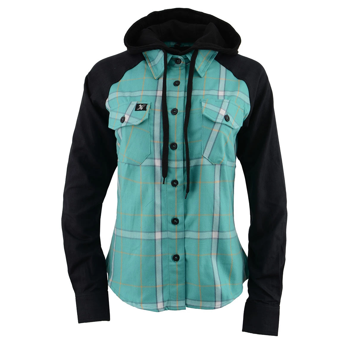 Flannel Shirts NexGen MNG21601 Ladies Black And Teal Long Sleeve Cotton Flannel Shirt With Hoodie