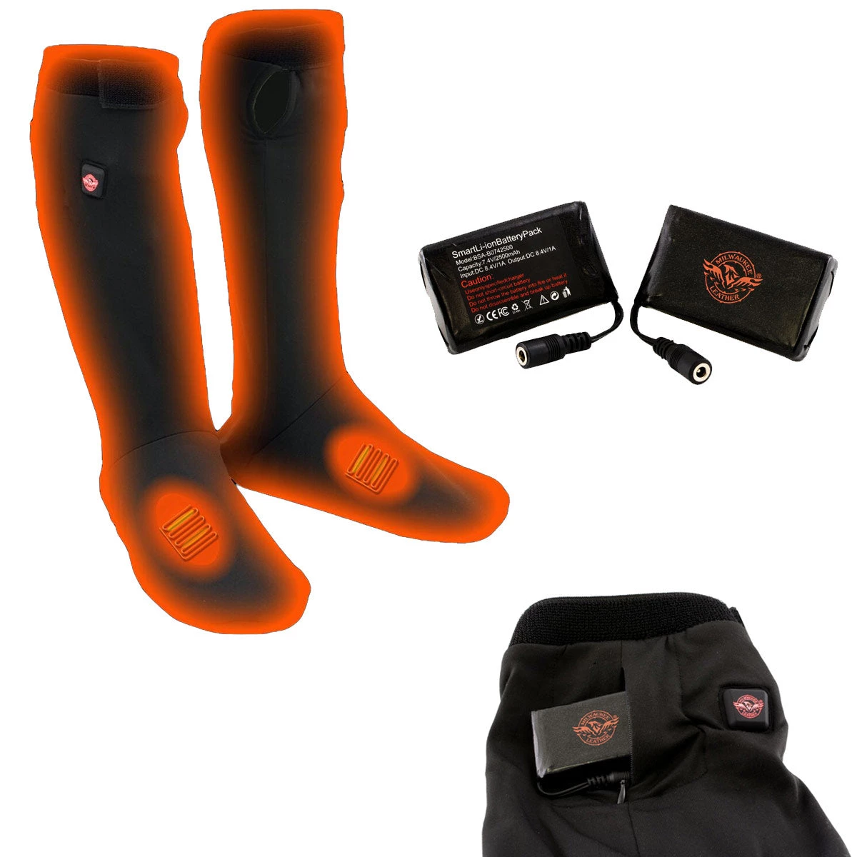Xelement XG17501SET Men’s Black Heated Textile & Leather Gauntlet Gloves And MP79905 Heated Socks Riding Gear
