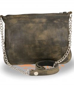 Milwaukee Leather MP8810 Women's Distress Brown Chain Strap Riveted Shoulder Bag Riding Gear