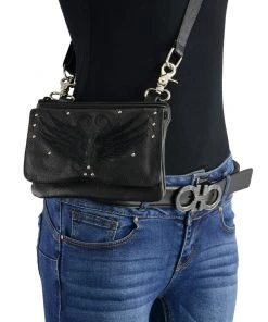 Riding Gear Milwaukee Leather MP8850 Ladies ‘Winged’ Black Leather Multi-Pocket Belt Bag