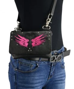 Milwaukee Leather MP8850 Ladies 'Winged' Leather Black And Pink Multi-Pocket Belt Bag
