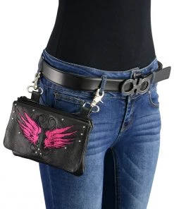 Milwaukee Leather MP8850 Ladies'Winged' Leather Black And Pink Multi-Pocket Belt Bag