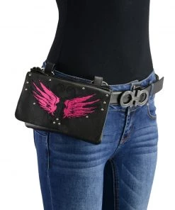 Milwaukee Leather MP8850 Ladies 'Winged' Leather Black And Pink Multi-Pocket Belt Bag