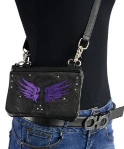 Milwaukee Leather MP8850 Ladies Leather 'Winged' Black And Purple Multi Pocket Belt Bag