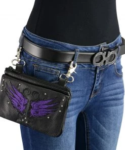 Milwaukee Leather MP8850 Ladies Leather'Winged' Black And Purple Multi Pocket Belt Bag