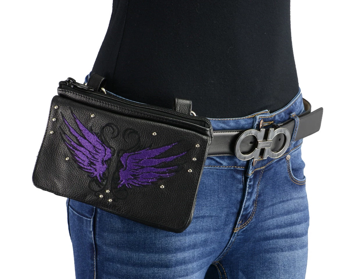 Milwaukee Leather MP8850 Ladies Leather 'Winged' Black And Purple Multi Pocket Belt Bag
