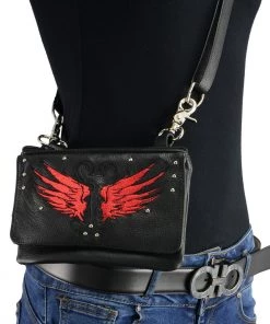 Milwaukee Leather MP8850 Ladies 'Winged' Leather Black And Red Multi Pocket Belt Bag Riding Gear