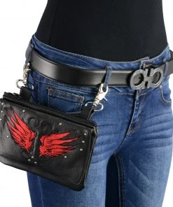 Milwaukee Leather MP8850 Ladies'Winged' Leather Black And Red Multi Pocket Belt Bag Riding Gear