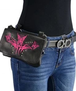 Milwaukee Leather MP8851 Women's Black And Pink Leather Multi Pocket Belt Bag Riding Gear