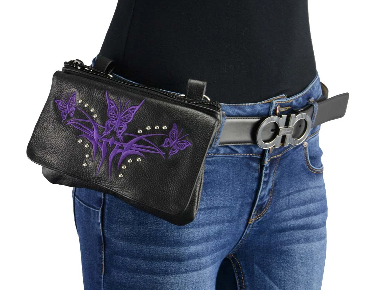 Milwaukee Leather MP8851 Women's Black And Purple Leather Multi Pocket Belt Bag
