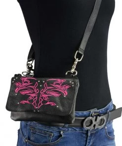 Milwaukee Leather MP8852 Women's Black And Pink Leather Multi Pocket Belt Bag