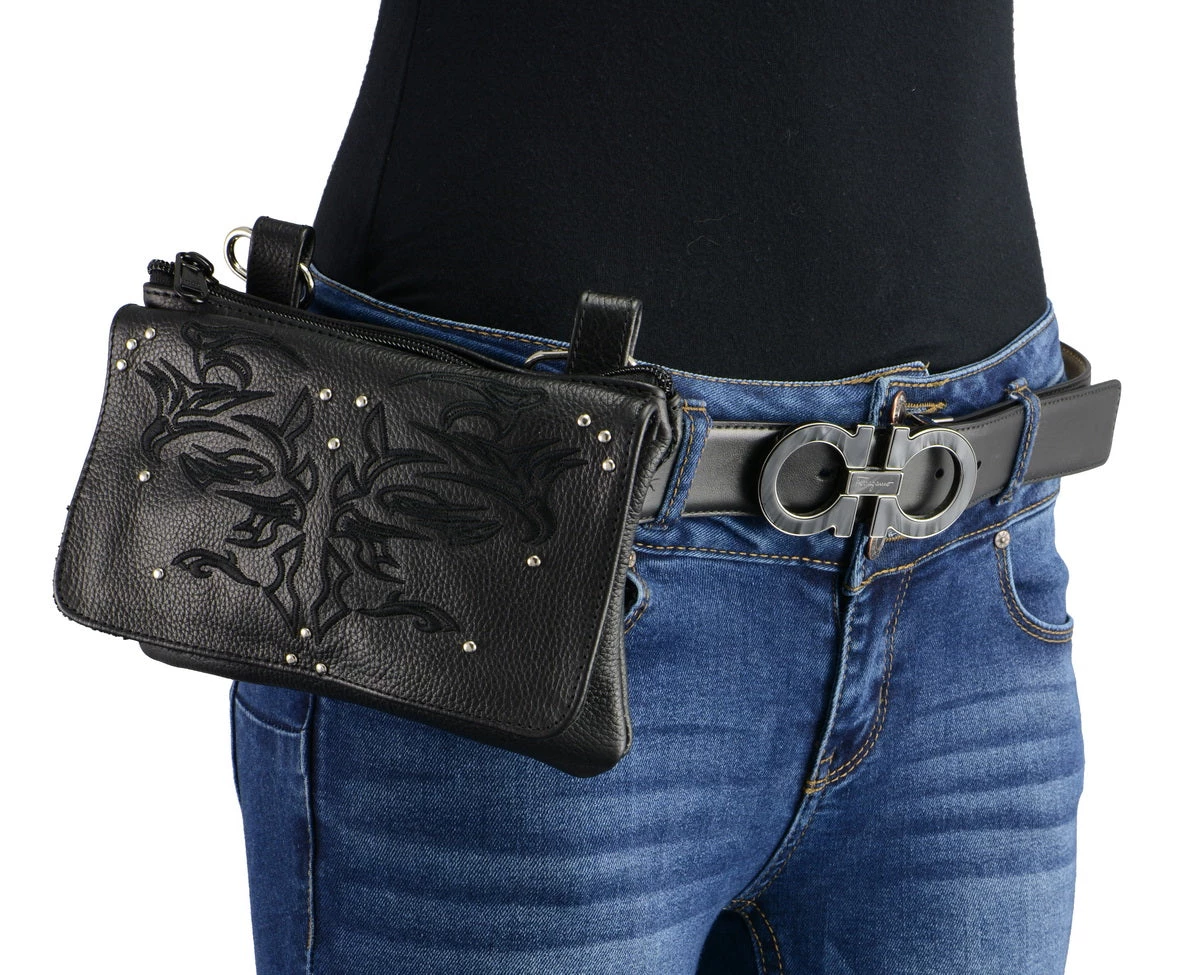 Riding Gear Milwaukee Leather MP8852 Women's Black Leather Multi Pocket Belt Bag