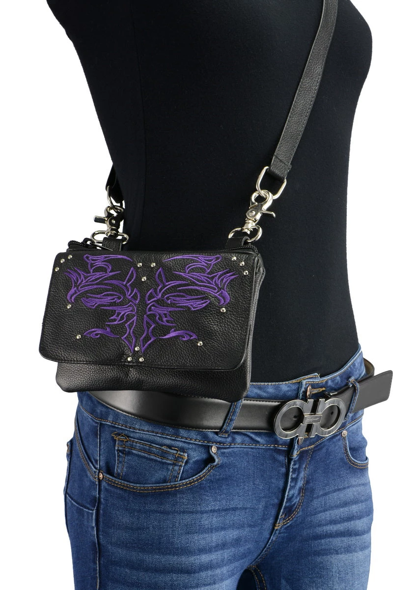 Milwaukee Leather MP8852 Women's Black And Purple Leather Multi Pocket Belt Bag