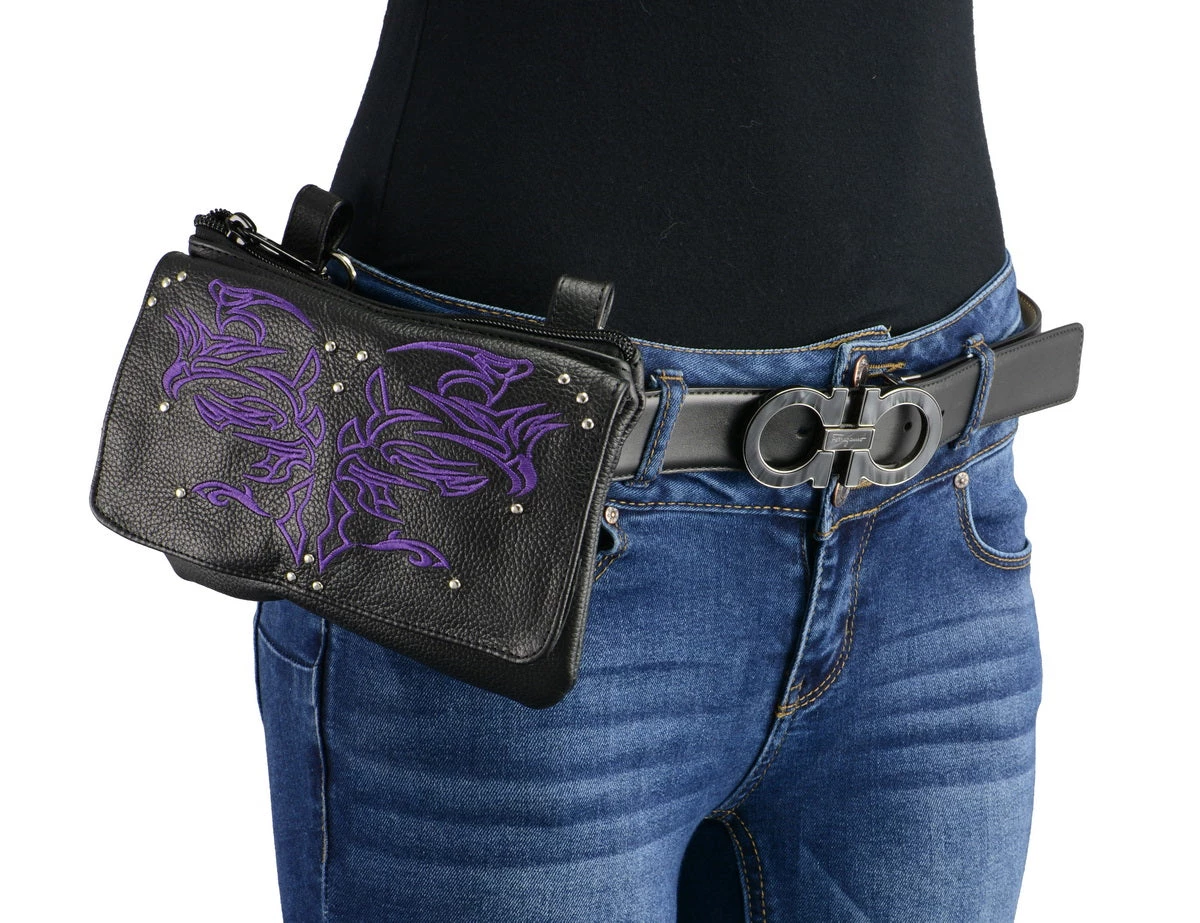 Milwaukee Leather MP8852 Women's Black And Purple Leather Multi Pocket Belt Bag