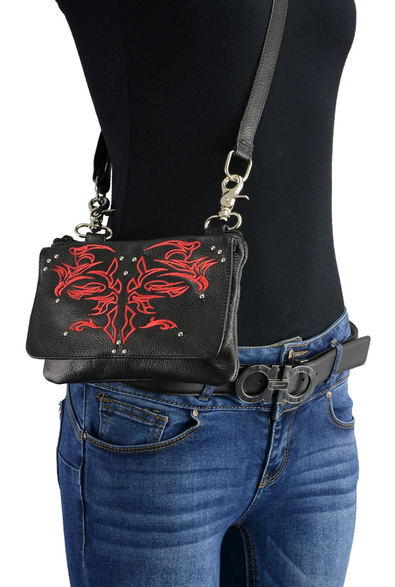Milwaukee Leather MP8852 Women's Black And Red Leather Multi Pocket Belt Bag Riding Gear