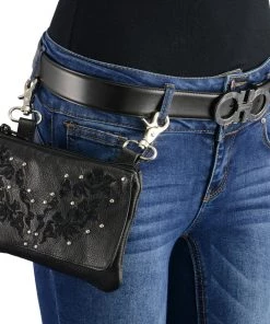 Milwaukee Leather MP8853 Women's'Flower' Black Leather Multi Pocket Belt Bag