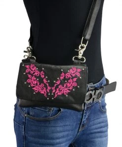 Milwaukee Leather MP8853 Women's'Flower' Black And Pink Leather Multi Pocket Belt Bag
