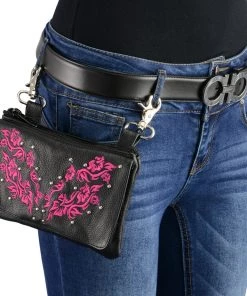 Milwaukee Leather MP8853 Women's 'Flower' Black And Pink Leather Multi Pocket Belt Bag