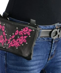 Milwaukee Leather MP8853 Women's 'Flower' Black And Pink Leather Multi Pocket Belt Bag