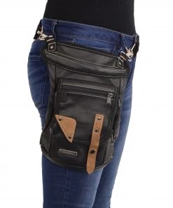 Milwaukee Leather MP8880 Black Conceal And Carry Leather Thigh Bag With Waist Belt Riding Gear